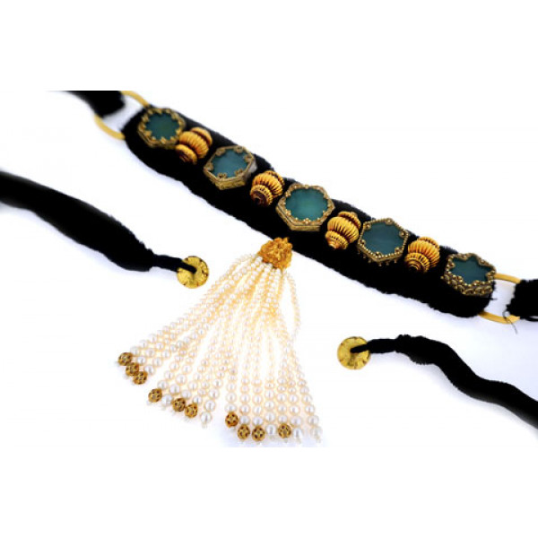 Black Velvet Antique Chocker adorned with a Chalcedony