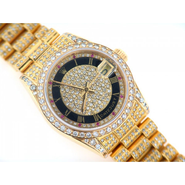 18K Gold Rolex Watch Date Just President adorned with rubies and diamonds