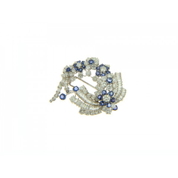 Brooch adorned with Diamonds and Ceylon Sapphires set in White Gold