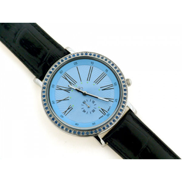 Watch with Black Leather Croco Strap and Blue Sapphires in the Crown