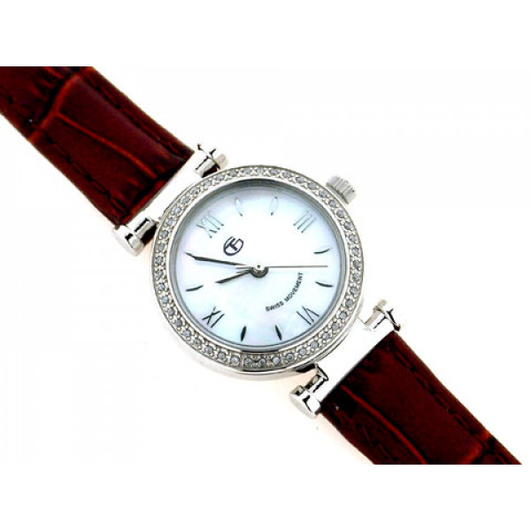 Watch with White Sapphires in the Bezel and Brown Croco Leather Strap