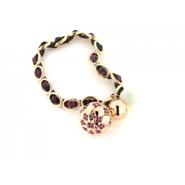 Bracelet with White Agate and Rubies with a Leather Strap and Gold Plated Details