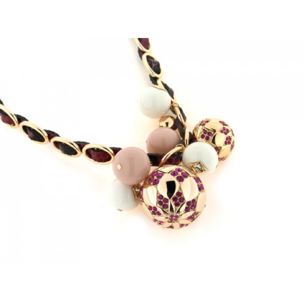 Leather Necklace with Gold Plating, Rosalines, White Agate and White Sapphires
