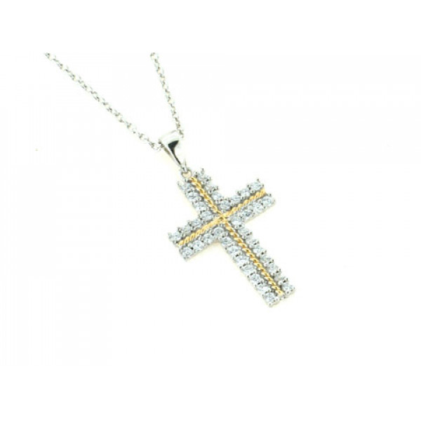 Silver Cross Necklace with Gold Plated Details and White Sapphires