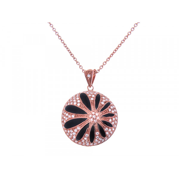 White Sapphire and Black Enamel Pendant in Pink Gold Plated Silver