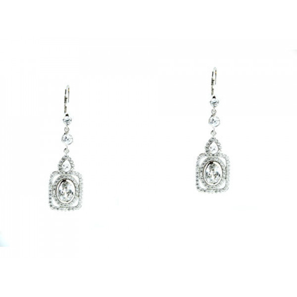 Platinum Plated Silver Dangle Earrings with White Sapphires