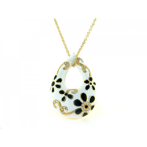 Gold Plated Silver Pendant with White Sapphires and White and Black Enamel