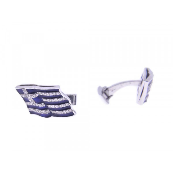 White Gold Cufflinks with Diamonds and Blue Royal Enamel featuring the Greek Flag