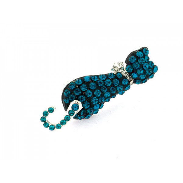 Cat Brooch with Blue Swarovski Crystals