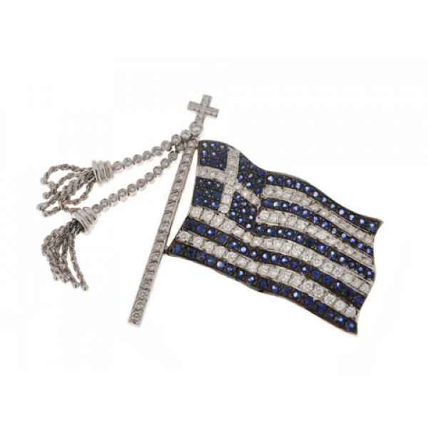 Greek Flag Pin adorned with Diamonds and Ceylon Sapphires set in 18K White Gold