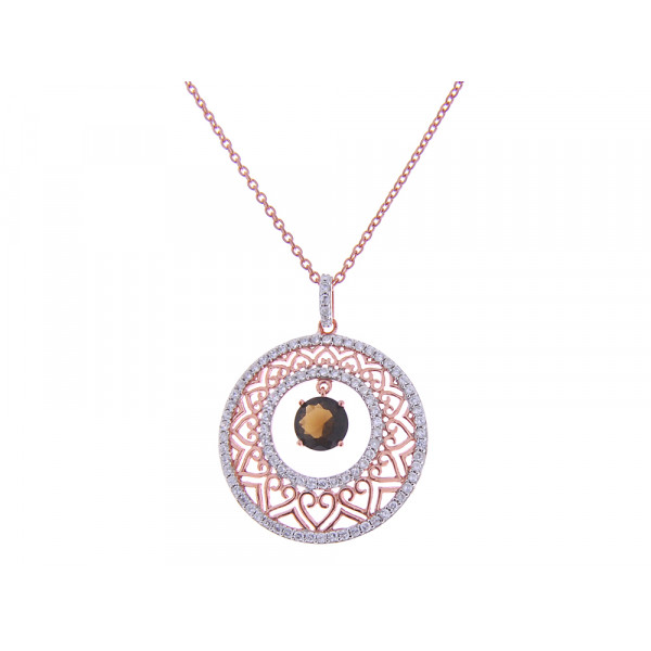 Pink Gold Plated Filigree Pendant with Smoky Stone