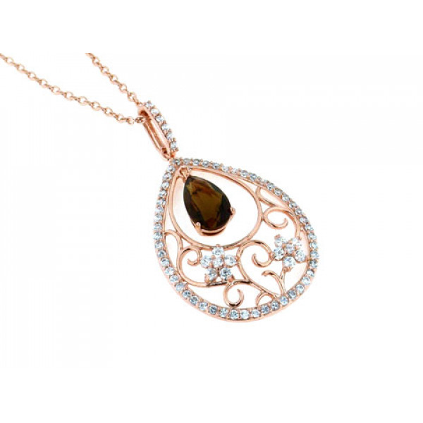 Smoky Topaz and White Sapphire Pendant set in Pink Gold Plated Silver