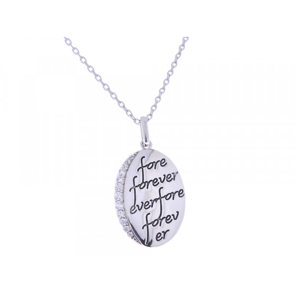 Platinun Plated Silver Pendant "Forever" with White Sapphires and Black Enamel