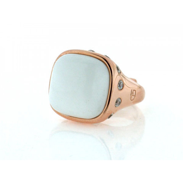 Pink Gold Plated Silver Chevalier Ring with a White Agate and White Sapphires