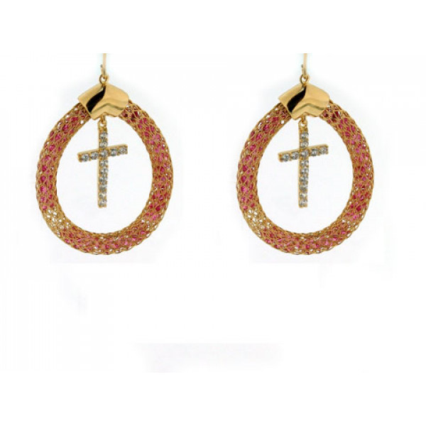 Hoop Earrings with Crosses with White Sapphires and Pink Quartz set in Gold Plated Silver