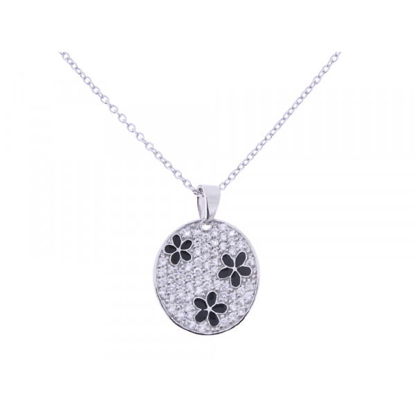 Platinum Plated Silver Pendant adorned with Black Enamel and White Sapphires