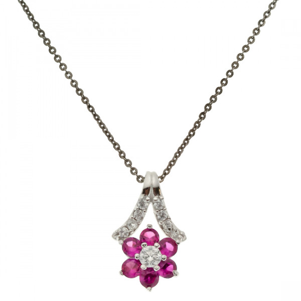 Floral Pendant with Synthetic Rubies and White Sapphires set in Platinum Plated Silver