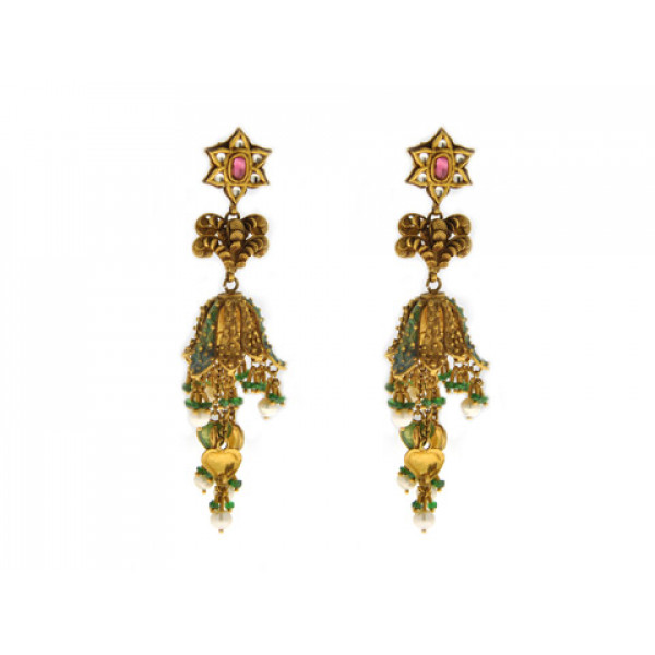 22K Gold Drop Earrings with Gemstones