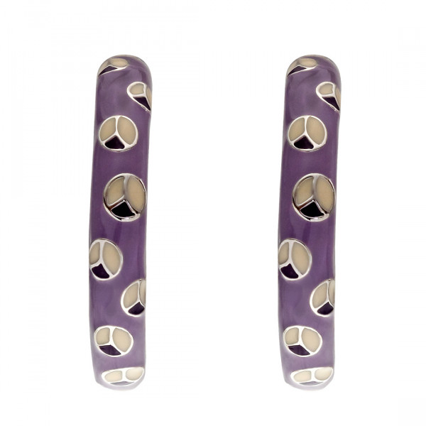 Platinum Plated Silver Hoop Earrings with Purple and White Enamels