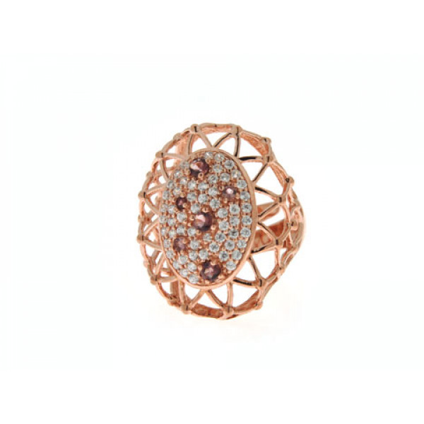 Statement Ring with White Sapphires and Amethysts set in Pink Gold Plated Silver