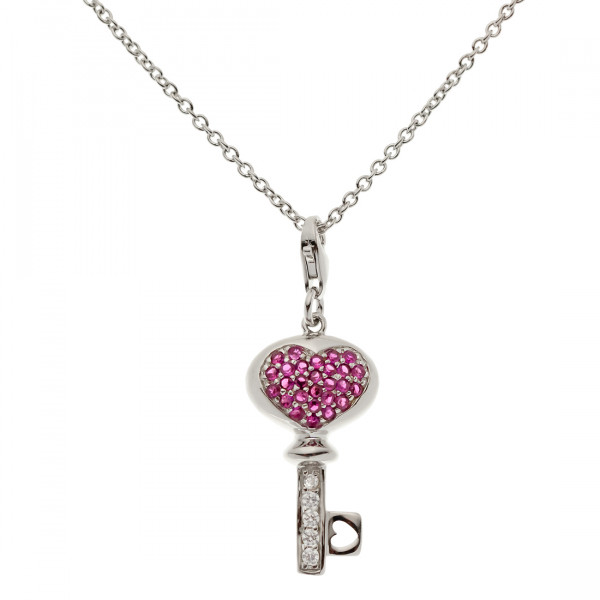 Platinum Plated Silver Key Pendant adorned with Rubellite