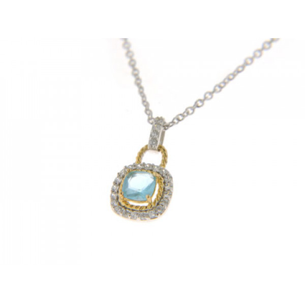 Platinum Plated Silver Pendant adorned with a Blue Topaz and White Sapphires