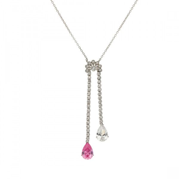 Platinum Plated Silver Pendant with Pink Quartz and White Sapphires