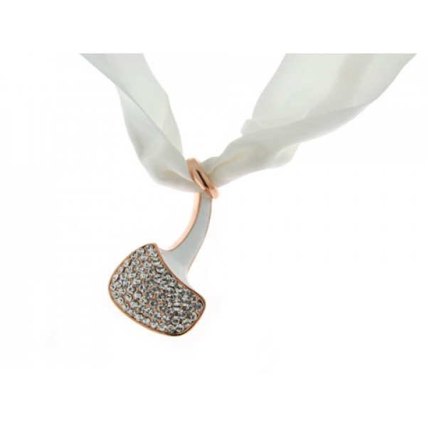 Gold Plated Pendant with White Enamel and White Sapphires tied in White Satin Ribbon