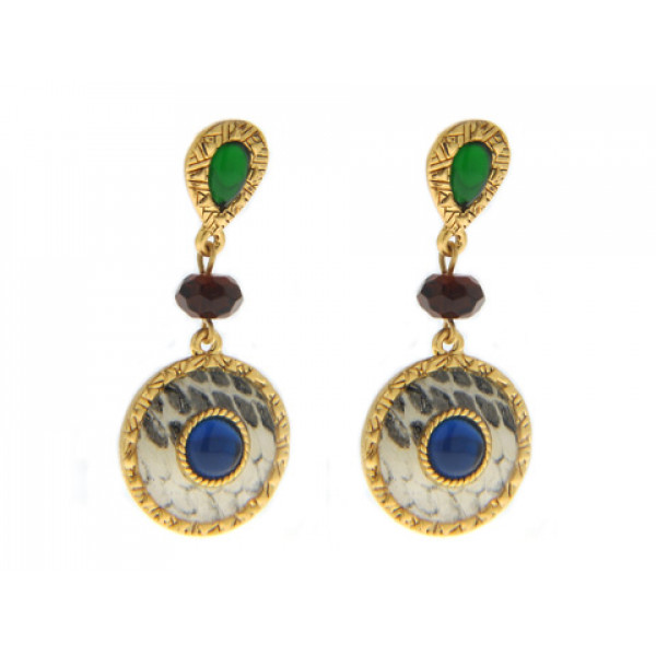 Statement Earrings with Gold Plating, Black and White Enamels and Multicolored Stones
