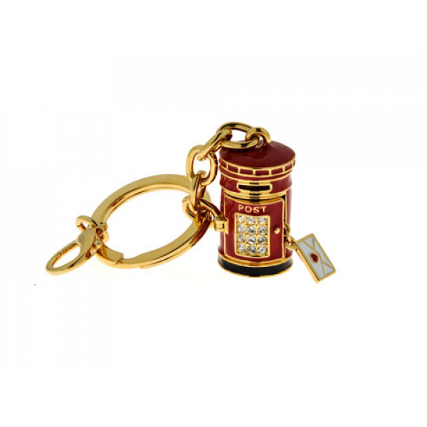 Gold Plated Red Mail Box Keyring with White Swarovski Crystals