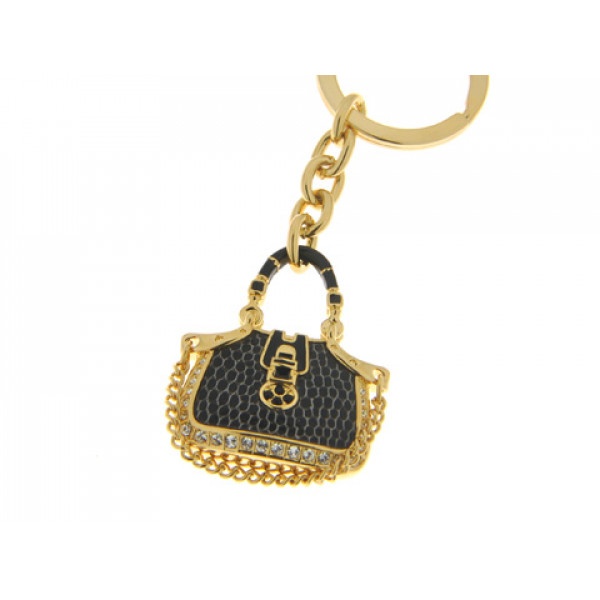 Gold Plated Keychain Purse with Black Enamel and White Sapphires