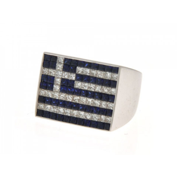 Greek Flag White Gold Ring adorned with Diamonds and Ceylon Sapphires