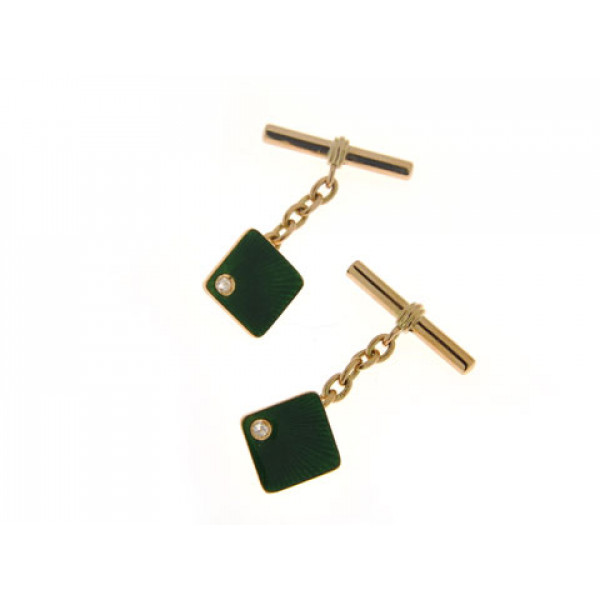 Cuff Links with Green Enamels and Diamonds set in 14K Gold