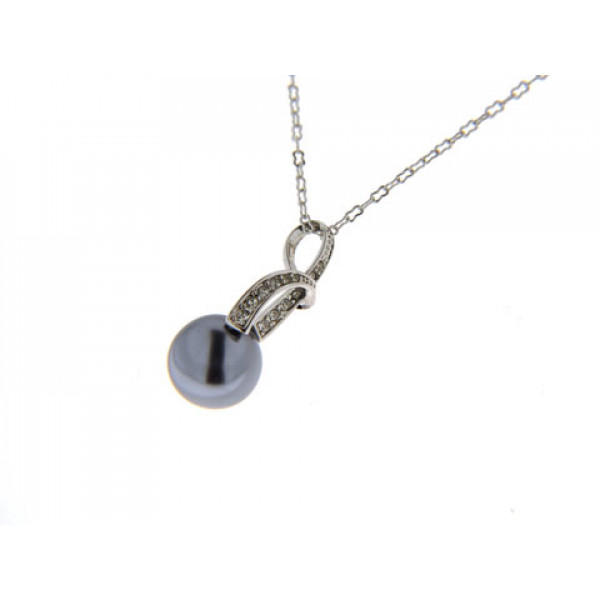 Minimal Pendant with a Grey Pearl and White Sapphires