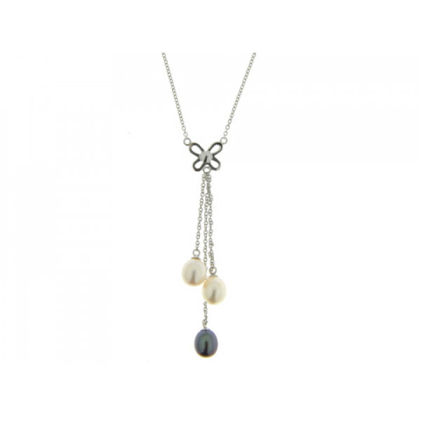 Platinum Plated Silver Pendant with White and Grey Pearls