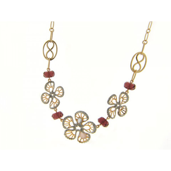 Gold Plated Necklace with Moonstone, Pink Quartz and Amethysts in a Flower Design