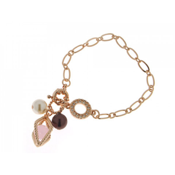 Pink Gold Plated Chain Bracelet with pink quartz, white and bronze pearls and white sapphires