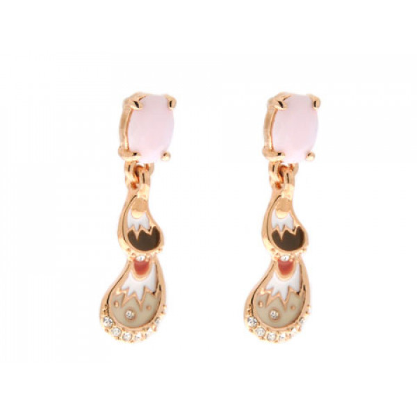 Pink Gold Plated Dangle Earrings with Rose Quartz and Multicolored Enamels