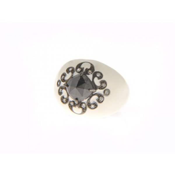 Bombe Silver Ring with Black Platinum Plating, White Enamel and Black Spinel