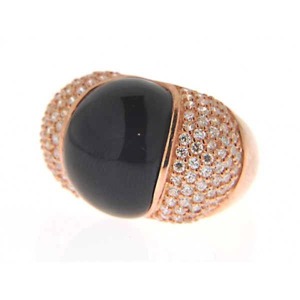 Pink Gold Plated Brass Ring with Black Onyx Obsidian