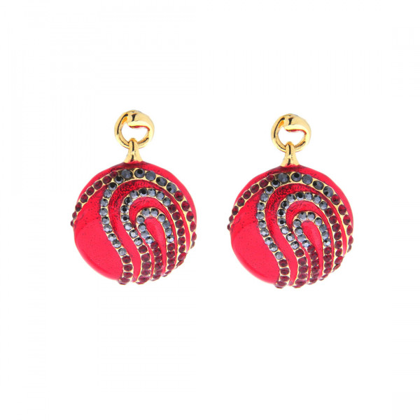 Red Enamel Hoop Earrings with Gold Plating, Red and Black Sapphires