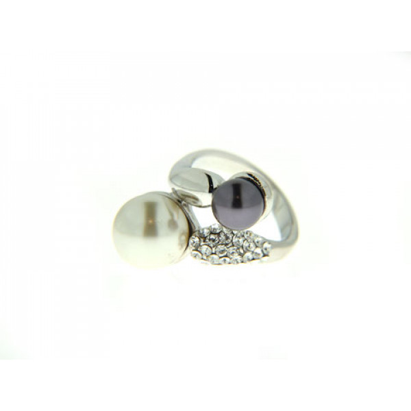 Ring adorned with a White Pearl, a Grey-Black Pearl, and White Sapphires