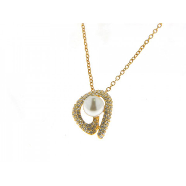 Gold Plated Pendant with a White Pearl and White Sapphires