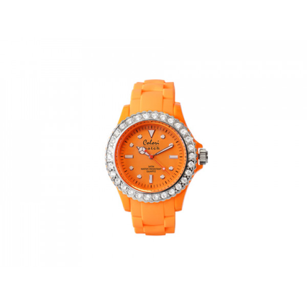 COLORI Watch from the Fashion Quartz Collection made of stainless steel with a rotating crown decorated with white sapphires with diameter 40mm water resistant in the 3atm orange with an orange soft silicone strap