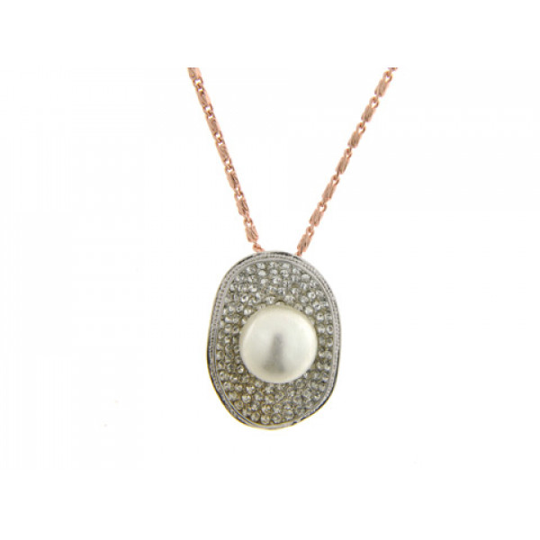 Necklace with a White Pearl and White Sapphires on a Pink Gold Plated Chain