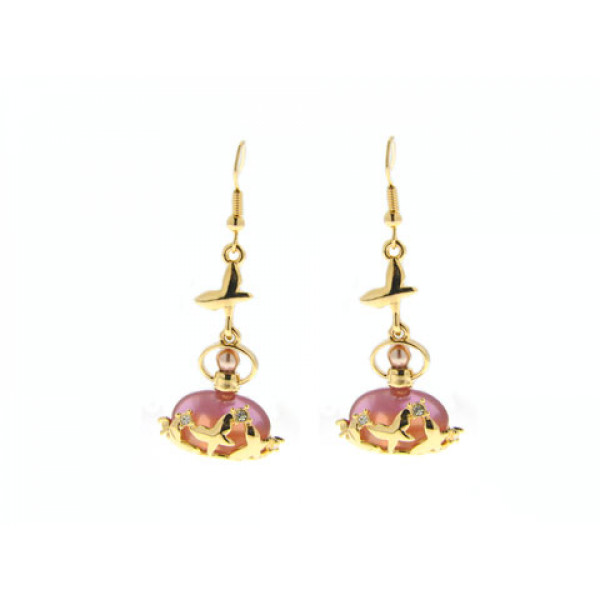 Dangle Earrings with Gold Plating, Pink Swarovski Crystals, Bronze Pearls, and White Sapphires