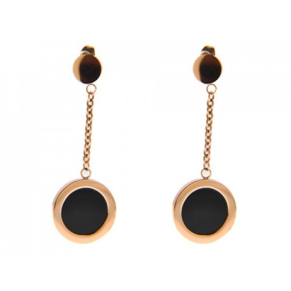 Black Onyx Dangle Earrings set in Pink Gold Plated Stainless Steel