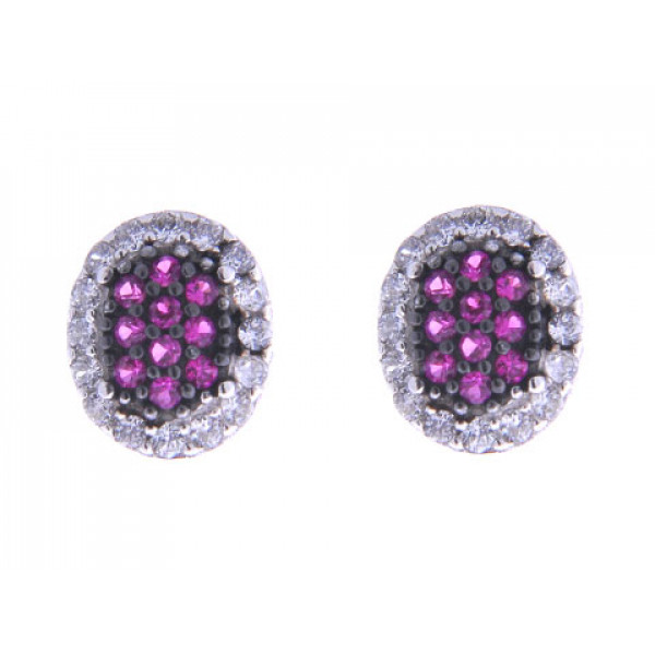 Platinum Plated Silver Oval Stud Earrings adorned with Rosalines and White Sapphires