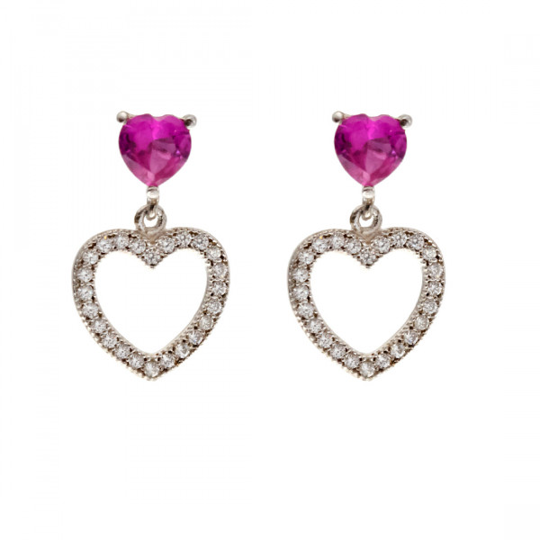 Σκουλαρίκια από επιπλατινωμένο ασήμι με σχέδιο καρδιές και δύο ροζαλίνες σε σχήμα καρδιάς