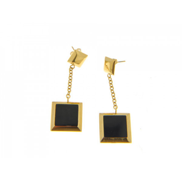 Stainless Steel Gold Plated Drop Earrings with Black Onyx